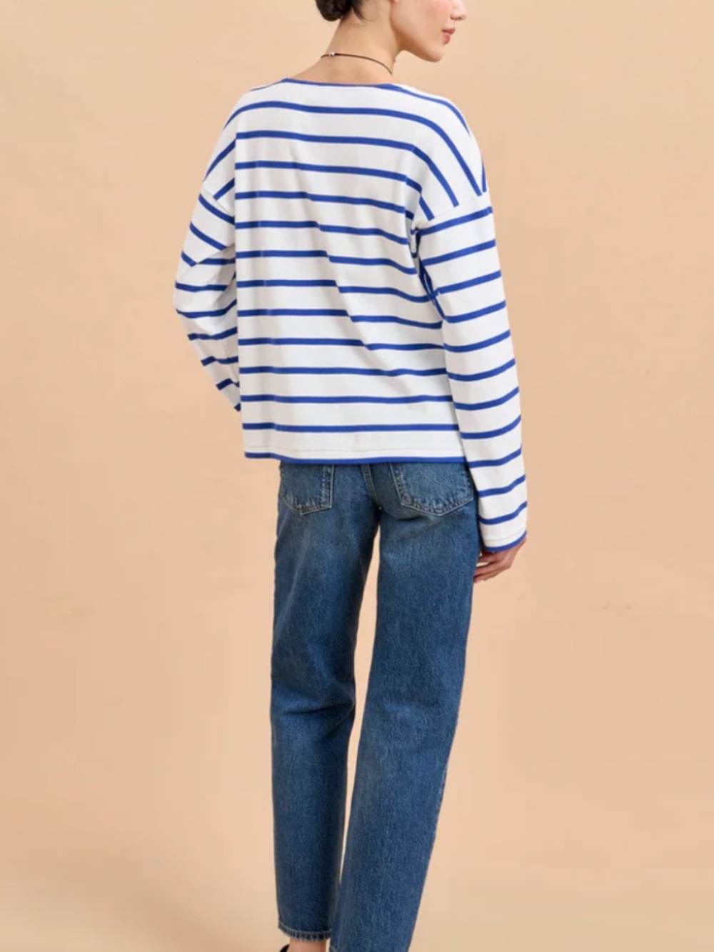La Ligne Long Sleeve Breton Tee, Cobalt Blue/Ivory, Size Large - Picture 2 of 10